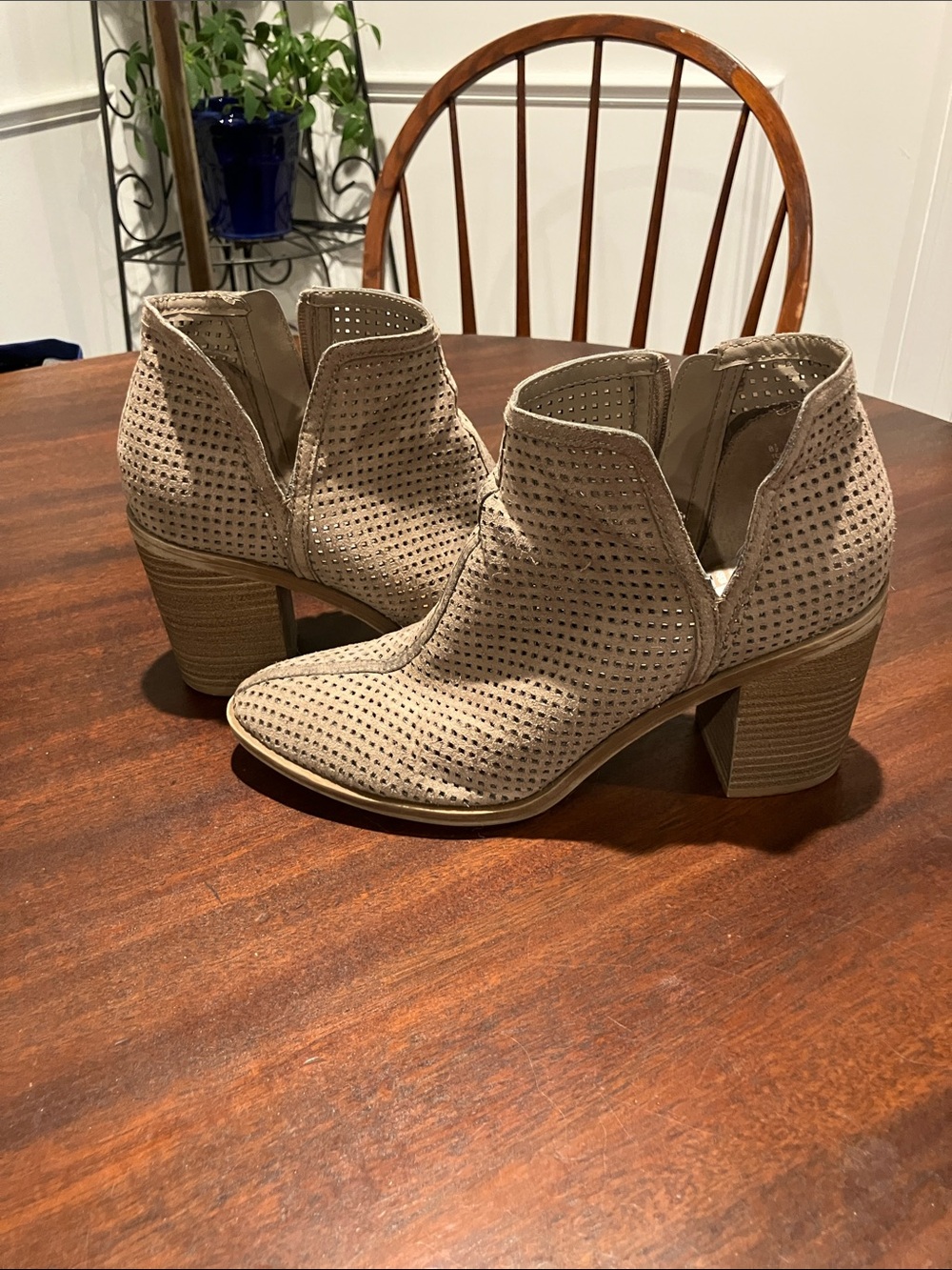 DV by Dolce Vita Taupe Perforated V-Cut Block Heel Booties